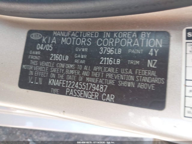 45616579 :رقم المزاد ، KNAFE122455179487 vin ، 2005 Kia Spectra Ex/lx/sx مزاد بيع