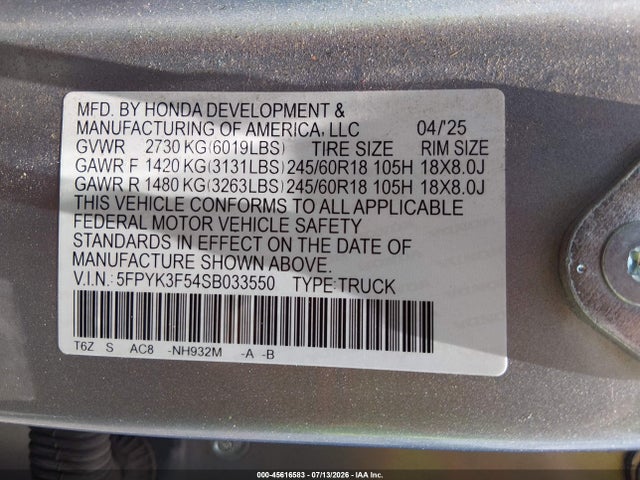 Aukcja sprzedaży 2025 Honda Ridgeline Rtl, vin: 5FPYK3F54SB033550, numer aukcji: 45616583