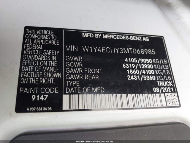 Продаж на аукціоні авто 2021 Mercedes-benz Sprinter 2500 High Roof V6, vin: W1Y4ECHY3MT068985, номер лоту: 45616584