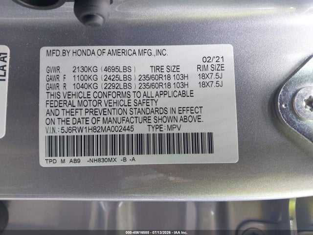 5J6RW1H82MA002445 Honda Cr-v 2wd Ex-l