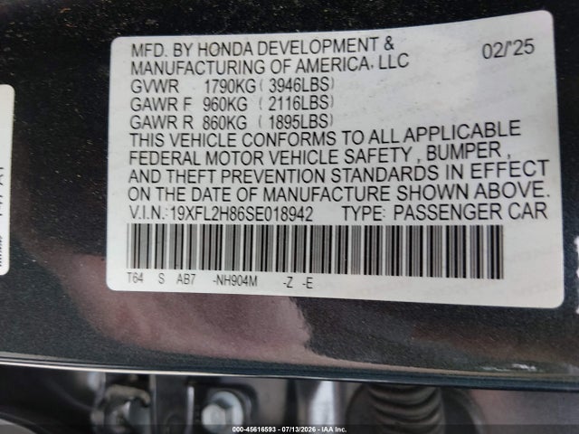 Продаж на аукціоні авто 2025 Honda Civic Sedan Sport, vin: 19XFL2H86SE018942, номер лоту: 45616593