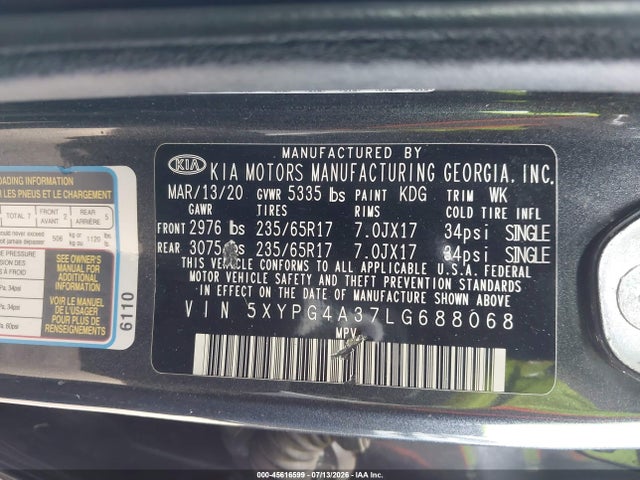 KIA Sorento 2.4l Lx 2020 5XYPG4A37LG688068 Image 9