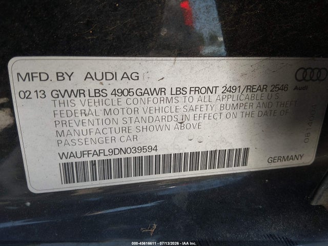 45616611 :رقم المزاد ، WAUFFAFL9DN039594 vin ، 2013 Audi A4 2.0t Premium مزاد بيع