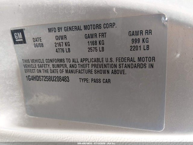 Aukcja sprzedaży 2008 Buick Lucerne Cxl, vin: 1G4HD57258U208483, numer aukcji: 45616620