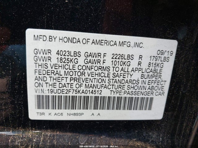 45616635 :رقم المزاد ، 19UDE2F75KA014512 vin ، 2019 Acura Ilx Premium Package/technology Package مزاد بيع