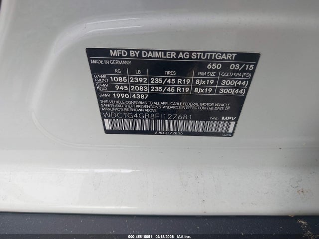 Aukcja sprzedaży 2015 Mercedes-benz Gla 250 4matic, vin: WDCTG4GB8FJ127681, numer aukcji: 45616651
