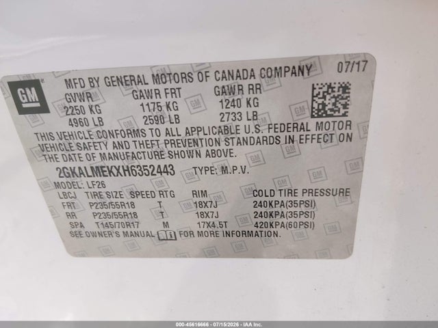 Aukcja sprzedaży 2017 Gmc Terrain Sle-1, vin: 2GKALMEKXH6352443, numer aukcji: 45616666