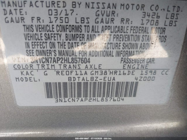 3N1CN7AP2HL857604 Nissan Versa 1.6 Sv