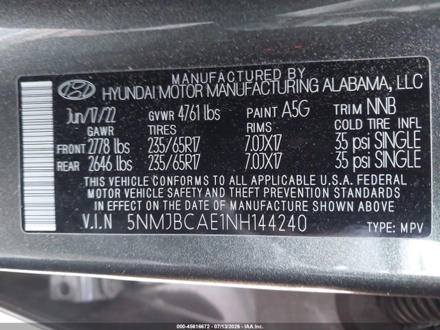 Aukcja sprzedaży 2022 Hyundai Tucson Sel, vin: 5NMJBCAE1NH144240, numer aukcji: 45616672