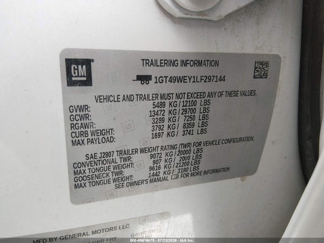 45616675 :رقم المزاد ، 1GT49WEY1LF297144 vin ، 2020 Gmc Sierra 3500hd 4wd  Standard Bed Denali مزاد بيع