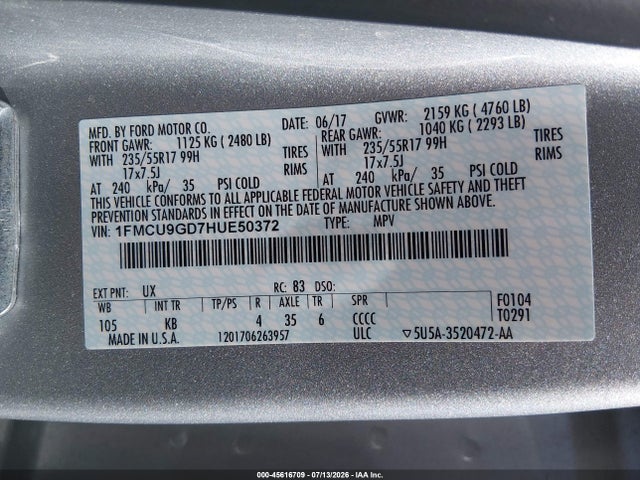 1FMCU9GD7HUE50372 Ford ESCAPE SE