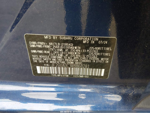 45616710 :رقم المزاد ، JF2GUADC3R8868281 vin ، 2024 Subaru Crosstrek Premium مزاد بيع
