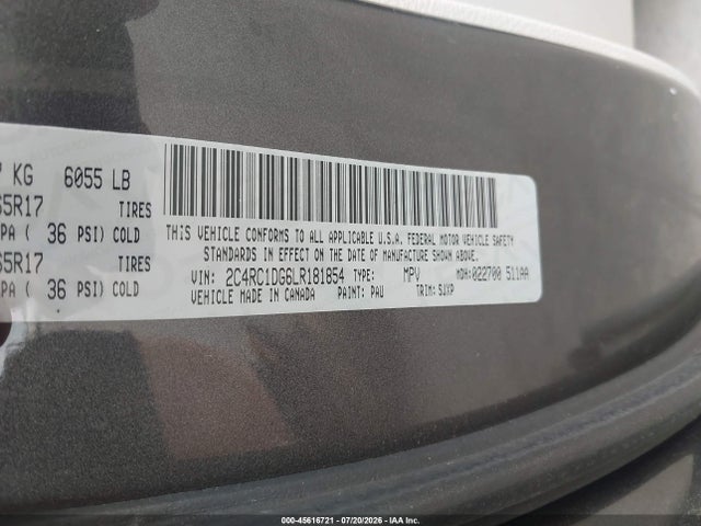 45616721 :رقم المزاد ، 2C4RC1DG6LR181854 vin ، 2020 Chrysler Voyager Lxi مزاد بيع