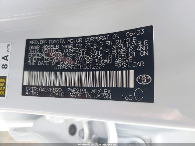 JTDBCMFE1PJ012527 Toyota Corolla Hybrid Le
