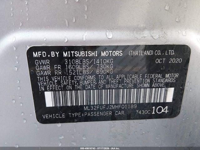 Aukcja sprzedaży 2021 Mitsubishi Mirage G4 Carbonite Edition/es/le, vin: ML32FUFJ2MHF01189, numer aukcji: 45616743