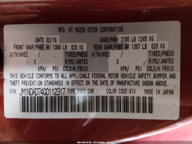 Aukcja sprzedaży 2016 Mazda Mx-5 Miata Grand Touring, vin: JM1NDAD74G0112317, numer aukcji: 45616748