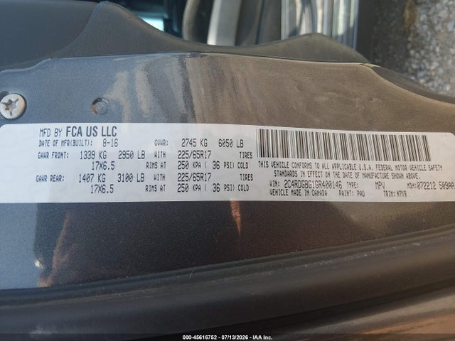 45616752 :رقم المزاد ، 2C4RDGBG1GR400146 vin ، 2016 Dodge Grand Caravan Se Plus مزاد بيع