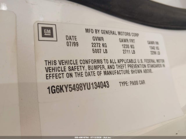 Продажа на аукционе авто 2000 Cadillac Seville Sts, vin: 1G6KY5498YU134043, номер лота: 45616764