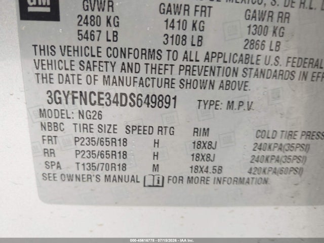 45616778 :رقم المزاد ، 3GYFNCE34DS649891 vin ، 2013 Cadillac Srx Luxury Collection مزاد بيع