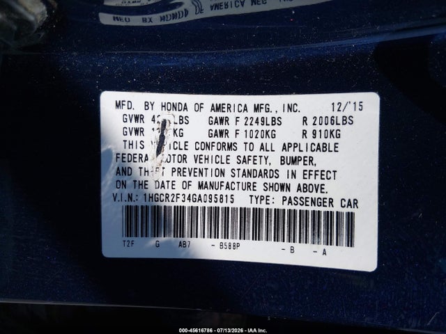 1HGCR2F34GA095815 Honda ACCORD LX