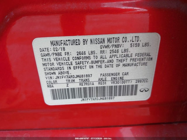 45616797 :رقم المزاد ، JN1FV7AR0JM481897 vin ، 2018 Infiniti Q50 3.0t Red Sport 400 مزاد بيع