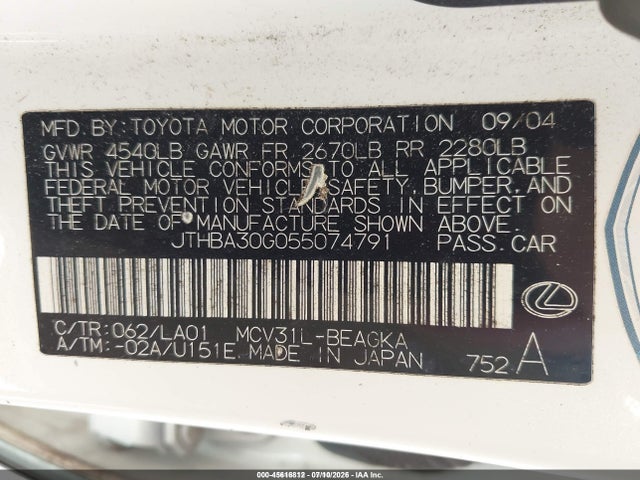 45616812 :رقم المزاد ، JTHBA30G055074791 vin ، 2005 Lexus Es 330 مزاد بيع