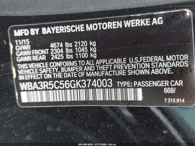 45616828 :رقم المزاد ، WBA3R5C56GK374003 vin ، 2016 Bmw 435i Xdrive مزاد بيع