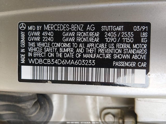 Продаж на аукціоні авто 1991 Mercedes-benz 350 Sd, vin: WDBCB34D6MA603233, номер лоту: 45616882