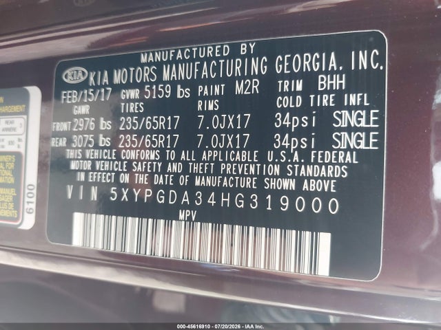 Продаж на аукціоні авто 2017 Kia Sorento 2.4l Lx, vin: 5XYPGDA34HG319000, номер лоту: 45616910