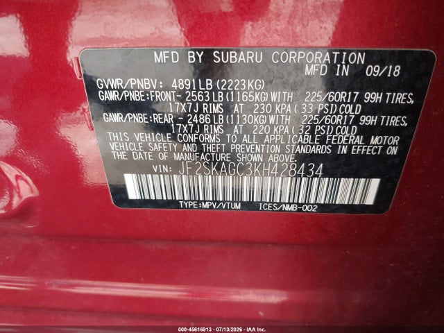 Aukcja sprzedaży 2019 Subaru Forester Premium, vin: JF2SKAGC3KH428434, numer aukcji: 45616913