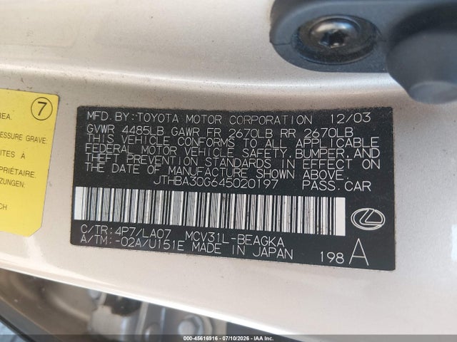 45616916 :رقم المزاد ، JTHBA30G645020197 vin ، 2004 Lexus Es 330 مزاد بيع