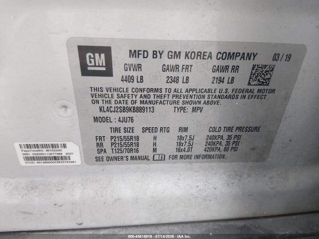 2019 Buick Encore Awd Sport Touring მანქანა იყიდება აუქციონზე, vin: KL4CJ2SB9KB889113, აუქციონის ნომერი: 45616919