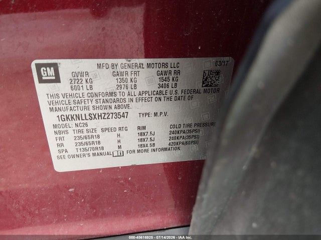 Auction sale of the 2017 Gmc Acadia Sle-2, vin: 1GKKNLLSXHZ273547, lot number: 45616925
