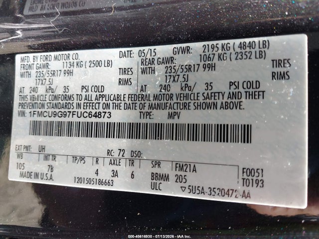 Продажа на аукционе авто 2015 Ford Escape Se, vin: 1FMCU9G97FUC64873, номер лота: 45616930