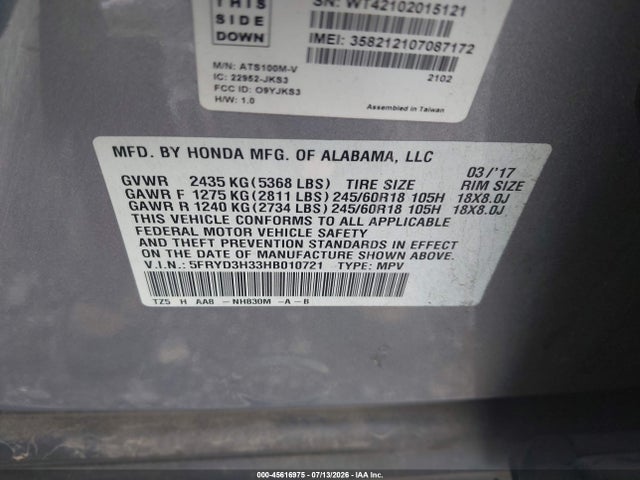 Aukcja sprzedaży 2017 Acura Mdx, vin: 5FRYD3H33HB010721, numer aukcji: 45616975