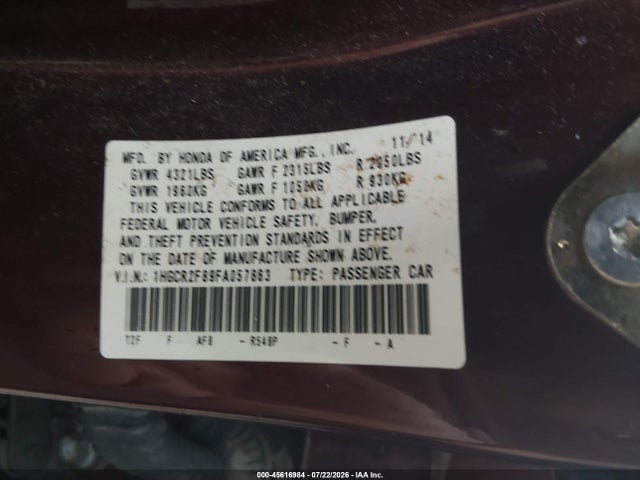 1HGCR2F89FA057863 Honda Accord Ex-l