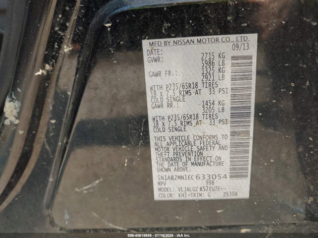 2014 Nissan Pathfinder Sl მანქანა იყიდება აუქციონზე, vin: 5N1AR2MN1EC633054, აუქციონის ნომერი: 45616989