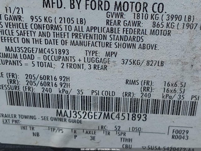 Продаж на аукціоні авто 2021 Ford Ecosport Se, vin: MAJ3S2GE7MC451893, номер лоту: 45616991