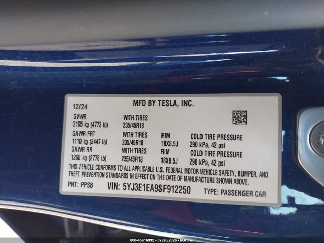 45616992 :رقم المزاد ، 5YJ3E1EA9SF912250 vin ، 2025 Tesla Model 3 مزاد بيع