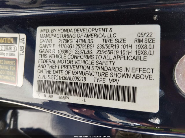 Продажа на аукционе авто 2022 Acura Rdx Standard, vin: 5J8TC1H36NL005218, номер лота: 45616994
