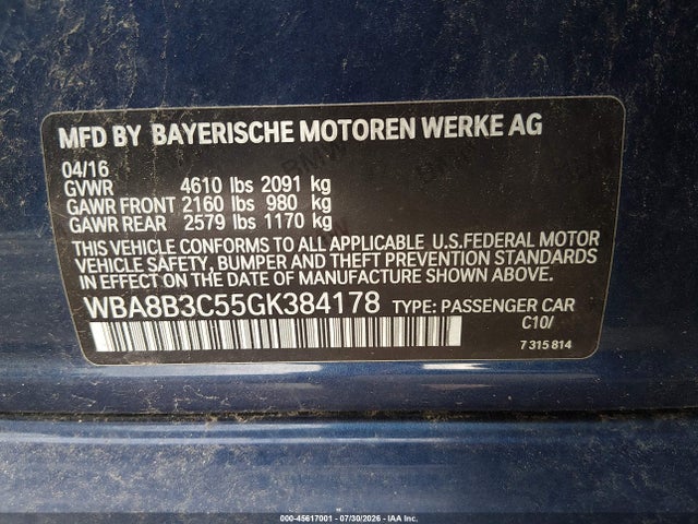 2016 Bmw 340i მანქანა იყიდება აუქციონზე, vin: WBA8B3C55GK384178, აუქციონის ნომერი: 45617001