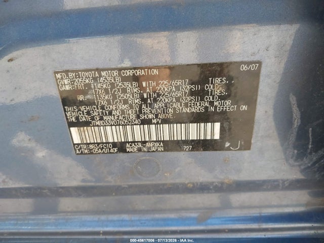2007 Toyota Rav4 მანქანა იყიდება აუქციონზე, vin: JTMBD33V076052340, აუქციონის ნომერი: 45617006