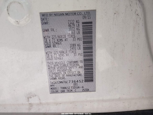 Продажа на аукционе авто 2016 Nissan Rogue Sl, vin: 5N1AT2MV7GC736452, номер лота: 45617008