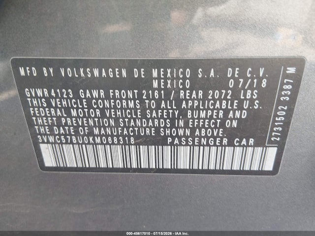 Продажа на аукционе авто 2019 Volkswagen Jetta 1.4t R-line/1.4t S/1.4t Se, vin: 3VWC57BU0KM068318, номер лота: 45617010
