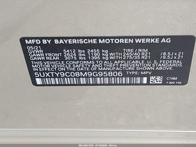 2021 Bmw X3 M40i მანქანა იყიდება აუქციონზე, vin: 5UXTY9C08M9G95806, აუქციონის ნომერი: 45617020