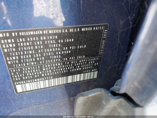 Продаж на аукціоні авто 2022 Volkswagen Taos 1.5t Se, vin: 3VVRX7B22NM087710, номер лоту: 45617021