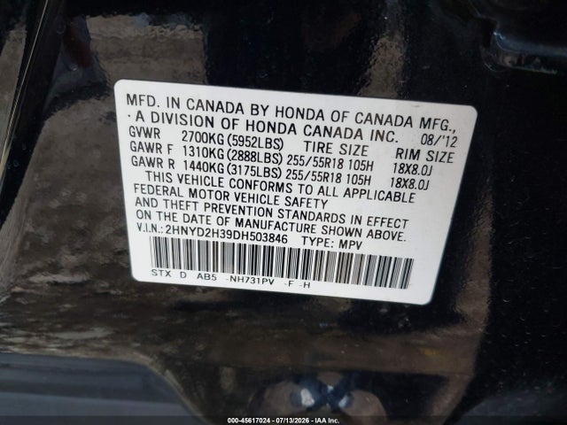 Aukcja sprzedaży 2013 Acura Mdx Technology Package, vin: 2HNYD2H39DH503846, numer aukcji: 45617024