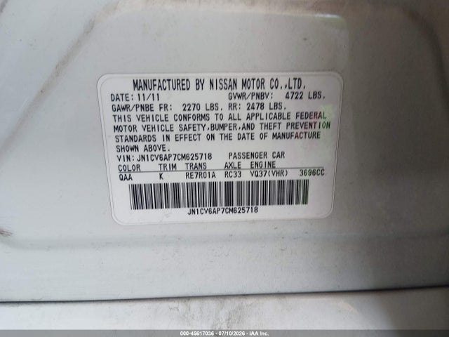 45617036 :رقم المزاد ، JN1CV6AP7CM625718 vin ، 2012 Infiniti G37 Journey مزاد بيع