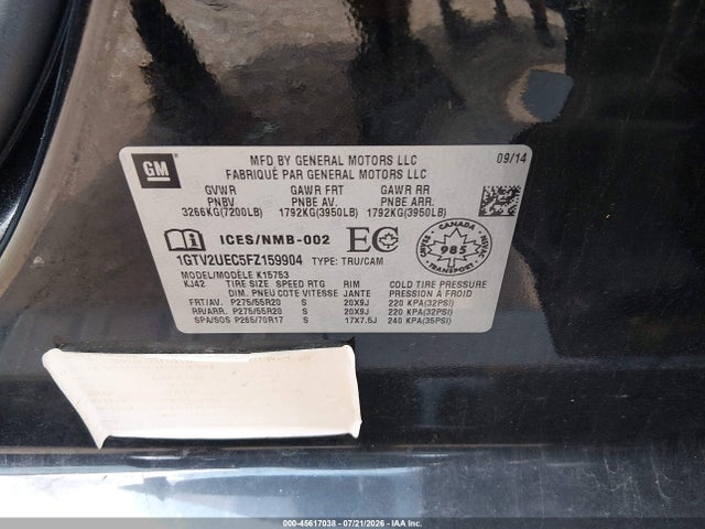 Aukcja sprzedaży 2015 Gmc Sierra 1500 Sle, vin: 1GTV2UEC5FZ159904, numer aukcji: 45617038