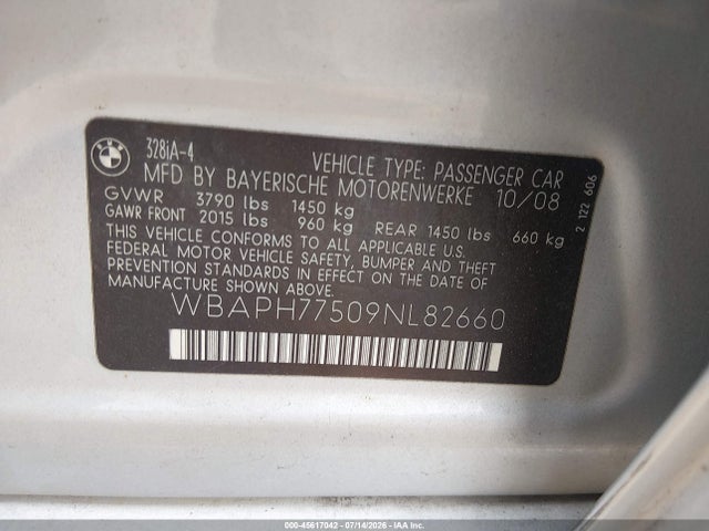 2009 Bmw 328i მანქანა იყიდება აუქციონზე, vin: WBAPH77509NL82660, აუქციონის ნომერი: 45617042